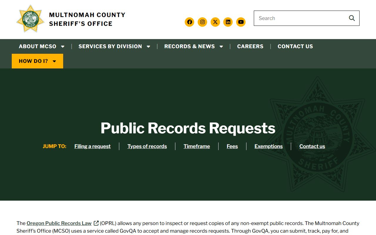 Multnomah County arrest records and court charges MCSO public records requests