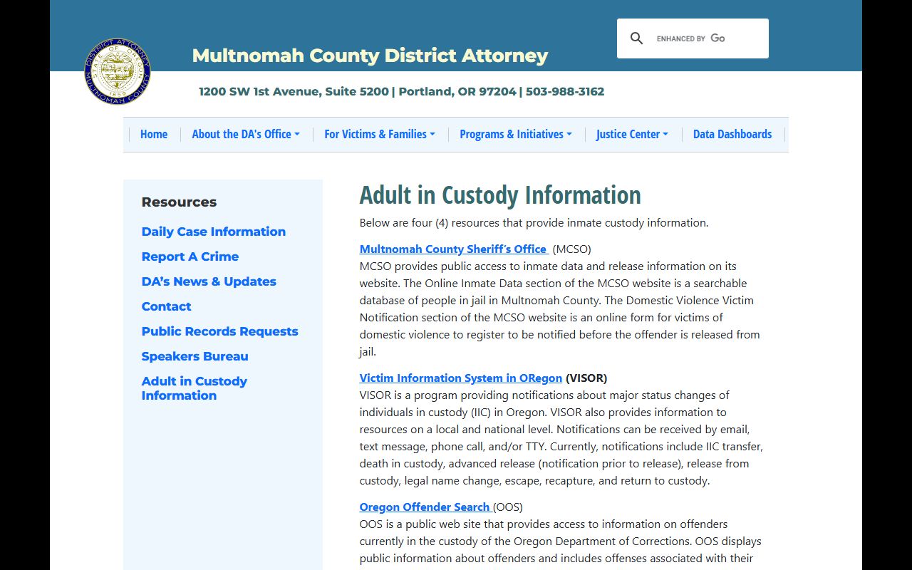 Multnomah County arrest records and court charges DA custody information