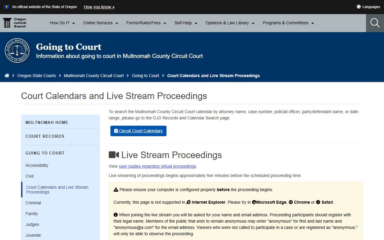 Multnomah County court dockets calendar search instructions
