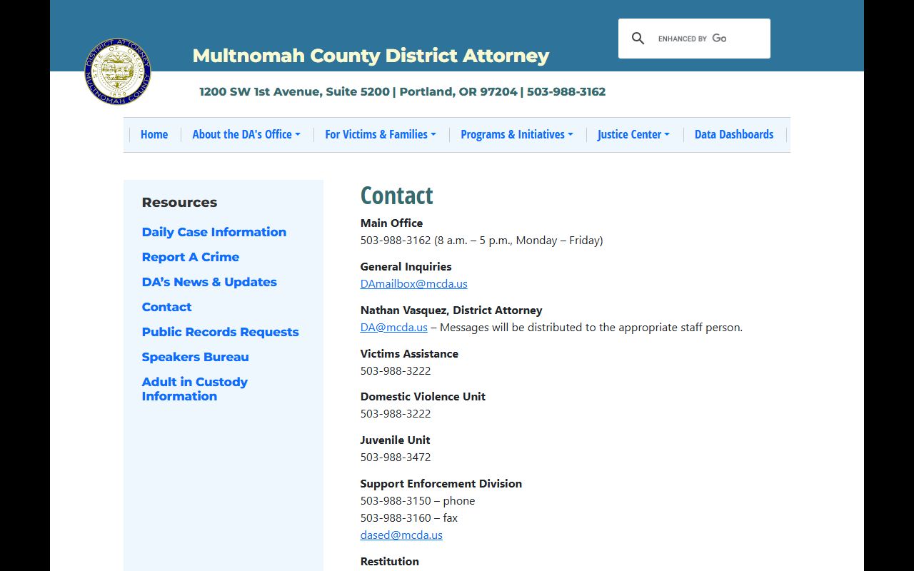 Multnomah County criminal court records District Attorney contact information