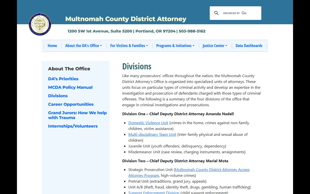 Multnomah County criminal court records District Attorney divisions