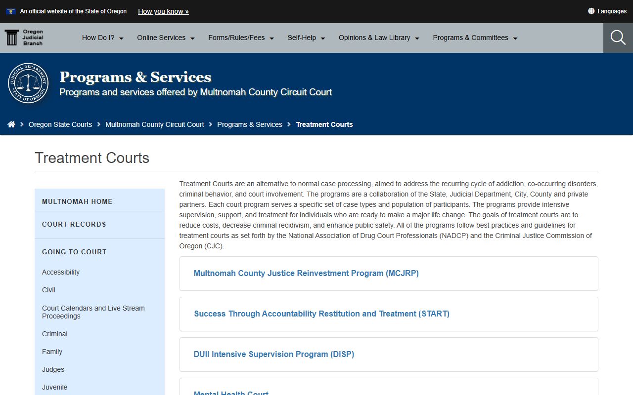 Multnomah County criminal court records treatment courts