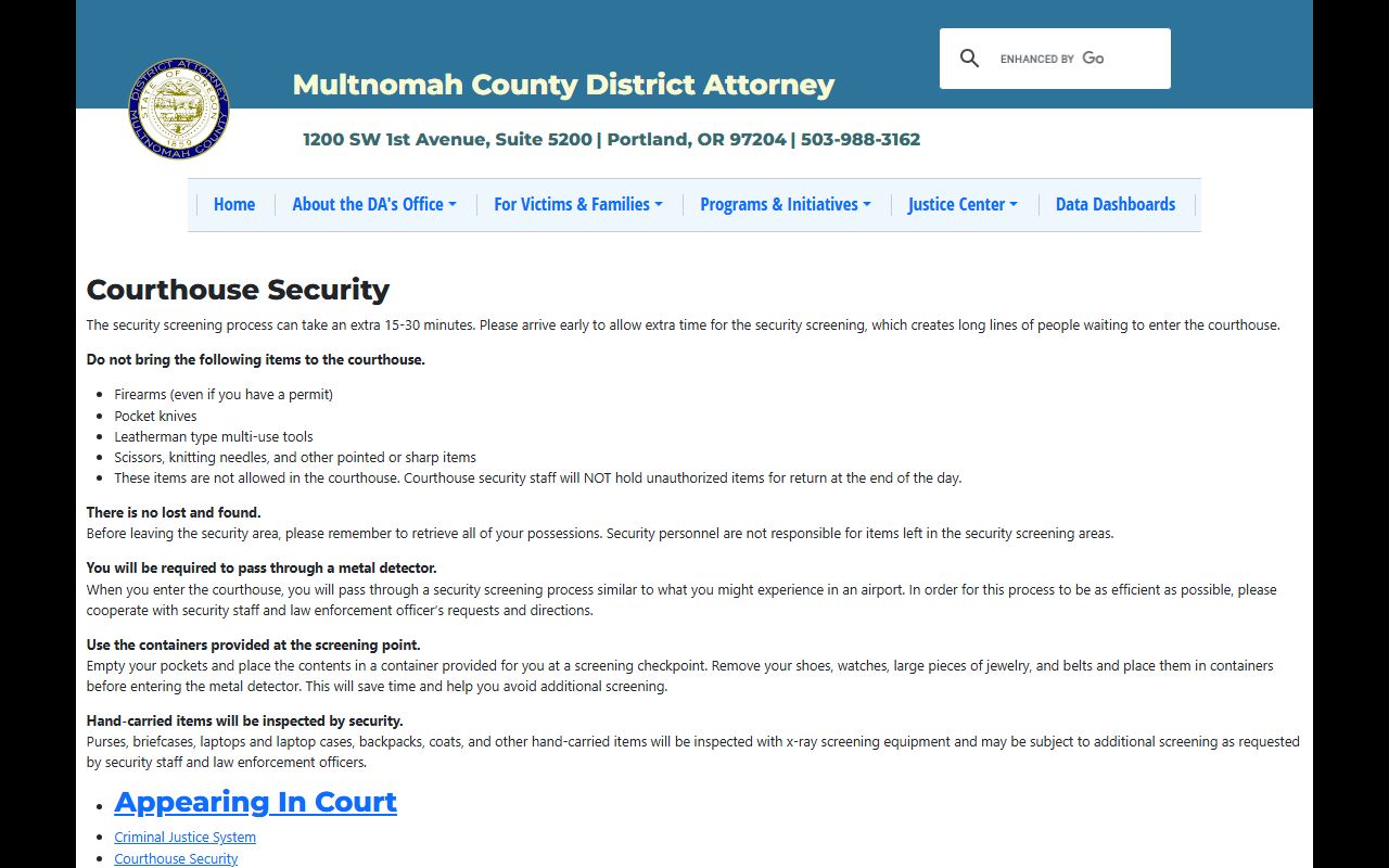 Multnomah County court records courthouse security information