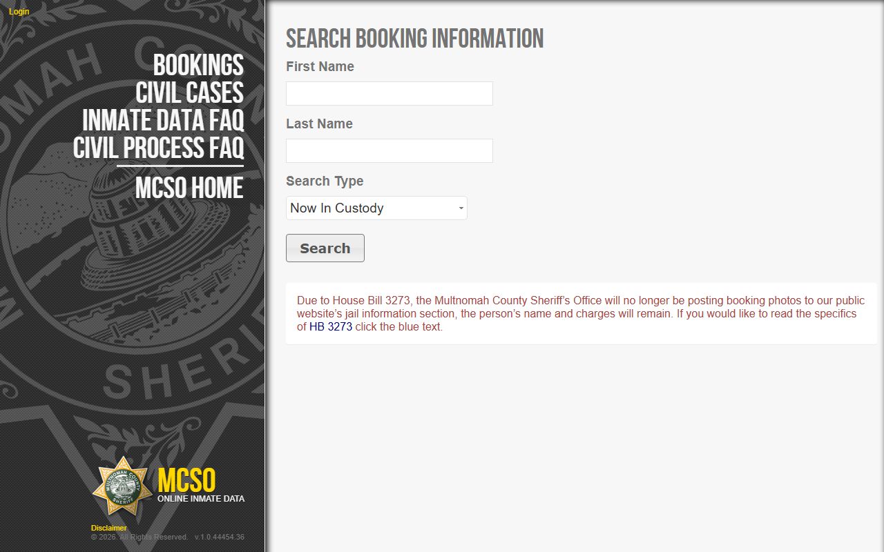 Multnomah County inmate records MCSO Online Inmate Data