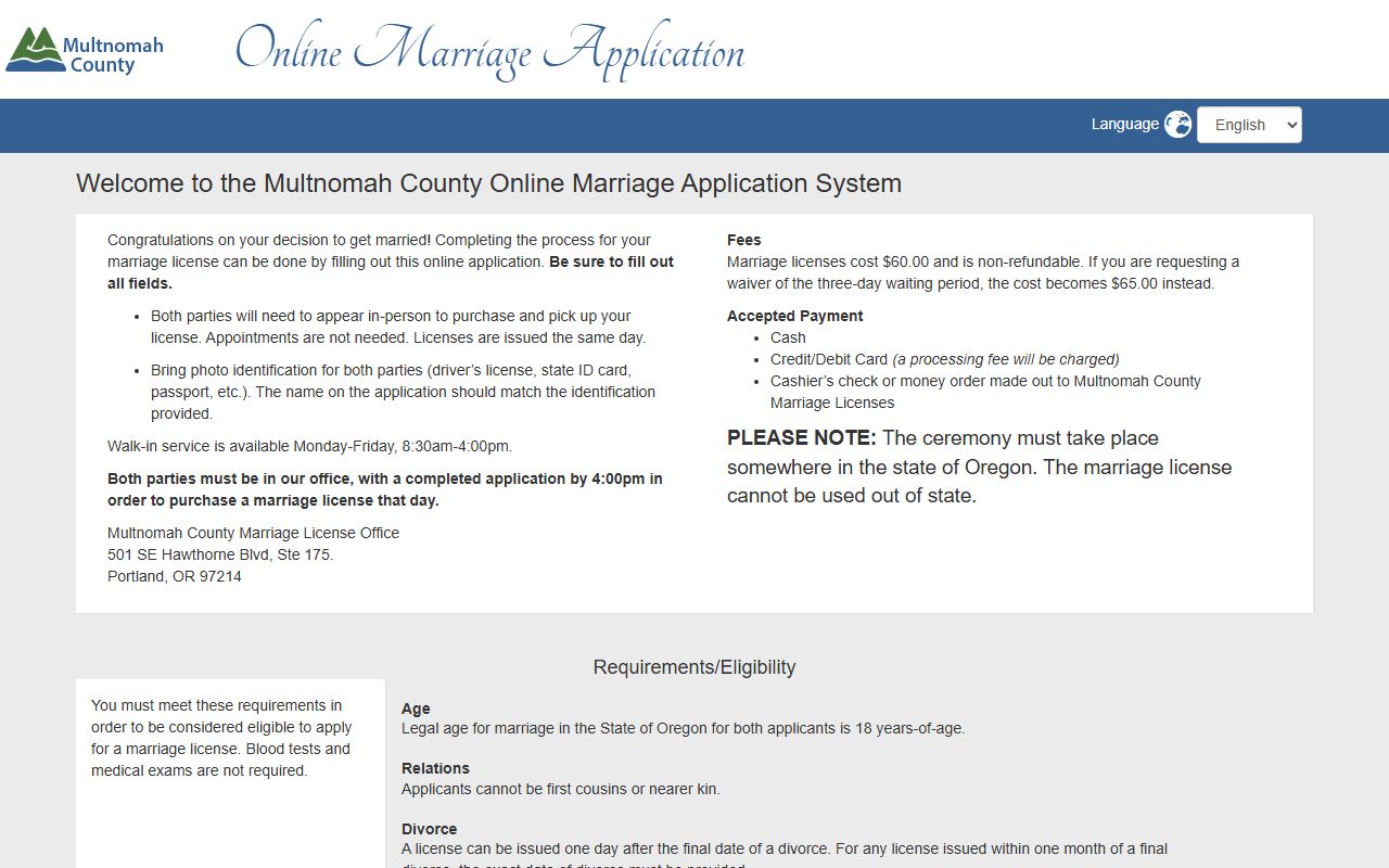 Multnomah County marriage records online marriage application
