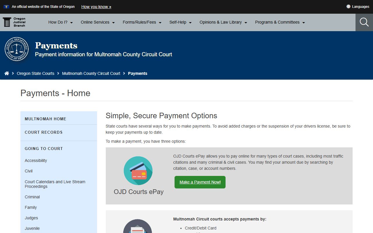 Multnomah County traffic court records OJD Courts ePay citation payment lookup