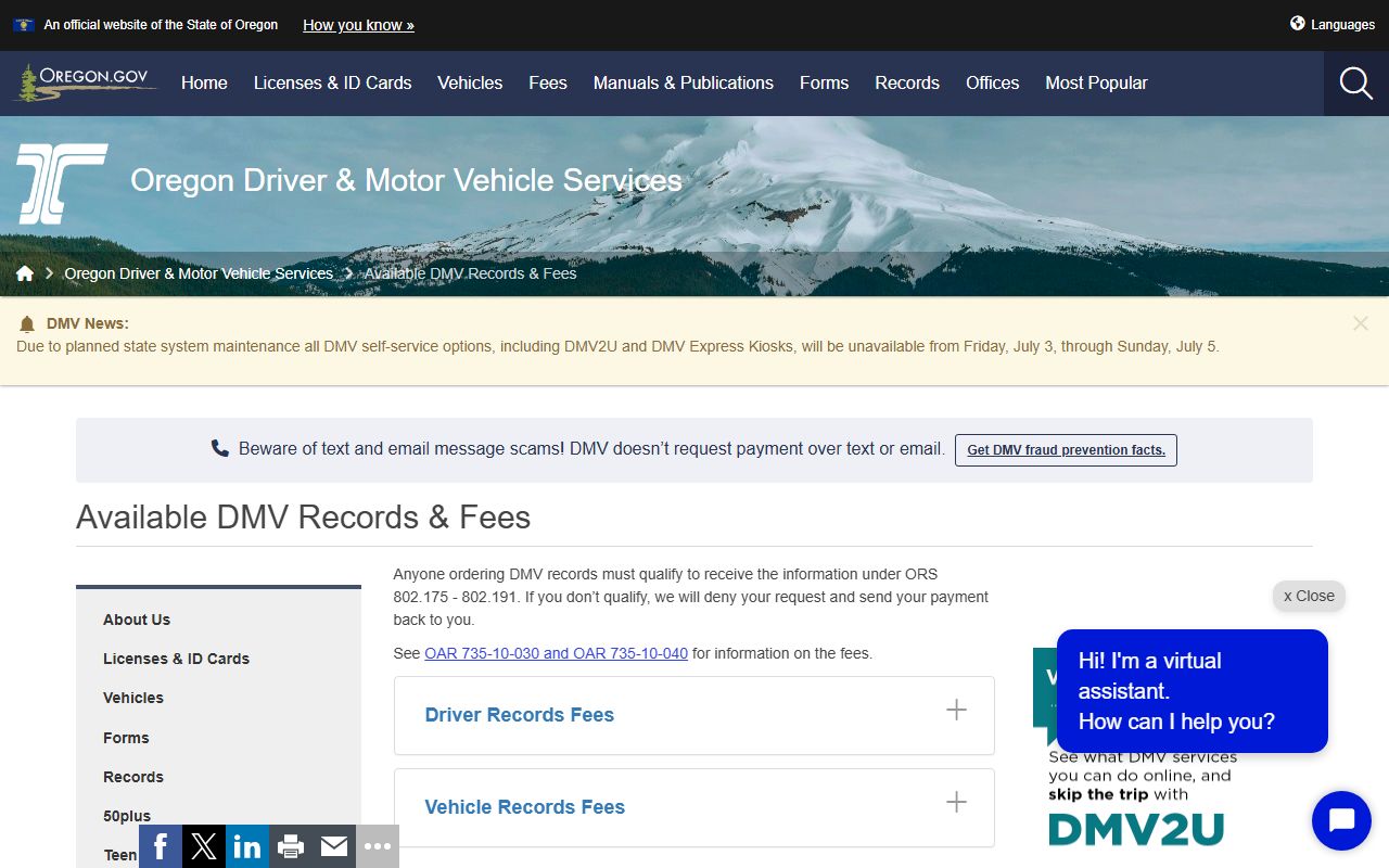 Multnomah County traffic court records Oregon DMV available records and fees