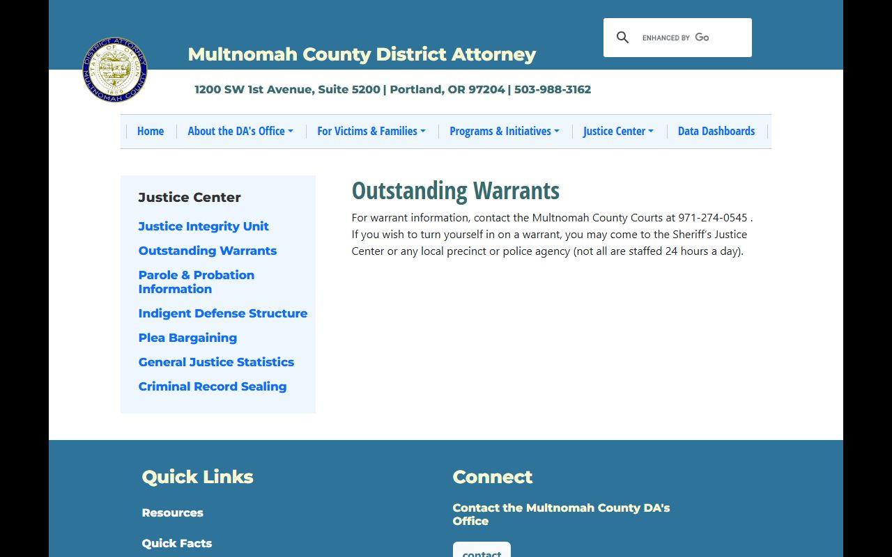 Multnomah County warrant search District Attorney outstanding warrant guidance
